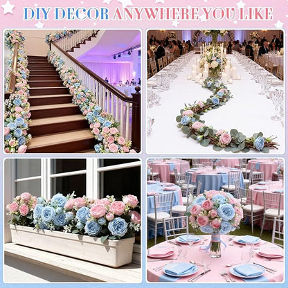 Geosar 16 Bundles Artificial Peonies Flowers Fake Silk Peony Bouquet Faux Peonies Flowers Bulk for Decoration Vase Floral Arrangements Wedding Party Table (Light Pink,Light Blue)