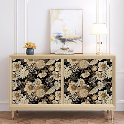 Floral & Birds Peel and Stick Wallpaper Antique Gold Black Self Adhesive Removable Floral Wallpaper for Bedroom Renter Friendly Floral Contact Paper for Bedroom Bathroom Walls Shelf Liner 17.7"x118.1"