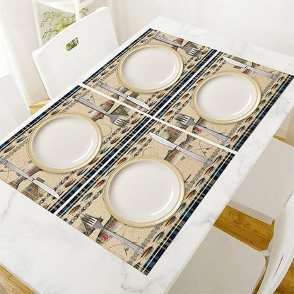 Rustic Cabin Bear Placemats Fishing Rods Lure Southwestern Check Plaid Blue Art Printed Dining Table Mats Set of 4 for Home Kitchen Holiday Picnic Party Decor 12x18in