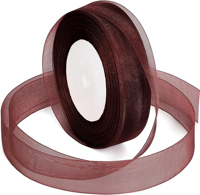 Brown Ribbon for Gift Wrapping, 1 inch 50Yard Sheer Organza Tulle Ribbon, Chocolate Gifts Wrap Chiffon Ribbons for Flower Bouquet, Christmas, Crafts, Wedding, Valentines Day, Mothers Day