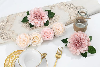 SITUMEIZI Roses Artificial Flowers Combo Pink Flowers Silk Foam Flowers with Stems for DIY Bridal Wedding Bouquet Baby Shower Party Home Decor Floral Arrangements 23pcs