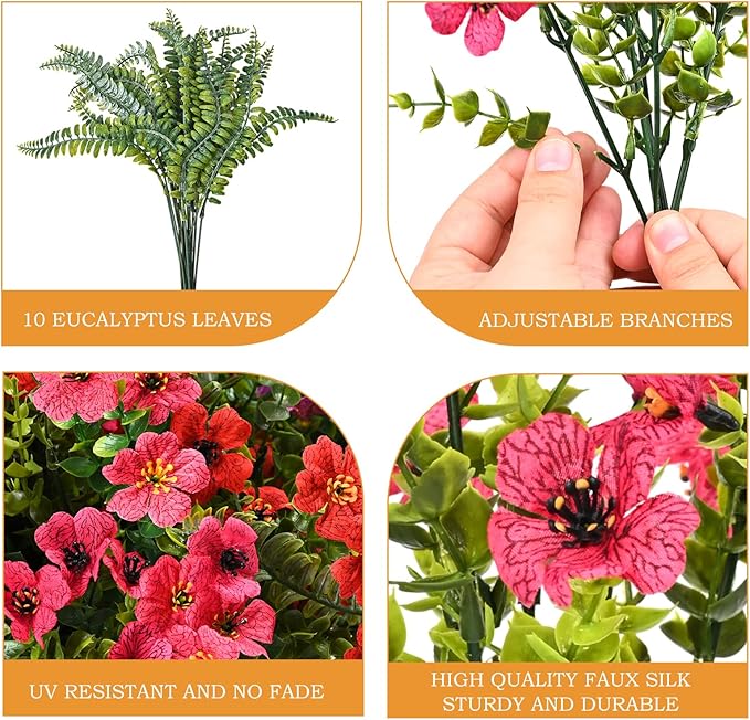 Artificial Faux Plants Flowers Outdoor Decoration,16 Bundles Fake Silk Colorful Daisy Eucalyptus Realistic UV Resistant for Outside Home Planter Porch Patio Yard Decor (Red)