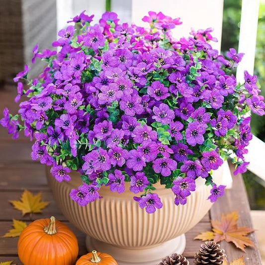 HyeFlora Artificial Flowers for Outdoor Indoor Garden Home Decoration, Faux Flower Daisy with Eucalyptus Leaves Fake Plants Greenery Boxwood Porch Patio, 12 Bundles (Purple)