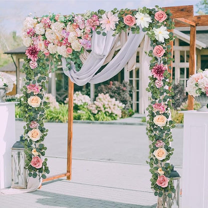 Waipfaru Flower Garland Decorations, 6.07Ft Pink Floral Rose Garland, Artificial Eucalyptus Greenery Vines with Flowers for Wedding Table Runner Centerpieces Backdrop Room Decor (Pink)