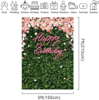 Riyidecor Flower Wall Happy Birthday Backdrop Neon Green Leaves Pink Rose Floral Blossom Botanical Plant Nature 5W*7H Feet Women Girls Photography Background Bday Party Photo Studio Shoot Fabric