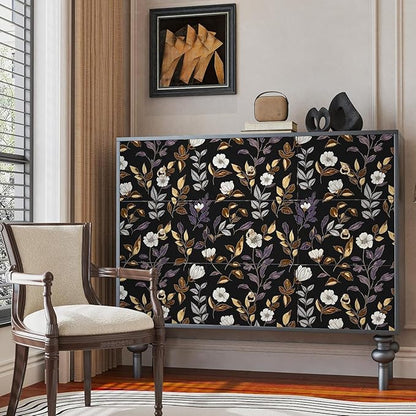 Dark Floral Wallpaper Peel and Stick Vintage Gold Leaf Contact Paper Black Floral Wallpaper Waterproof Self-Adhesive Wall Covering for Bedroom Countertop Desk Cabinets 17.4" x 393"