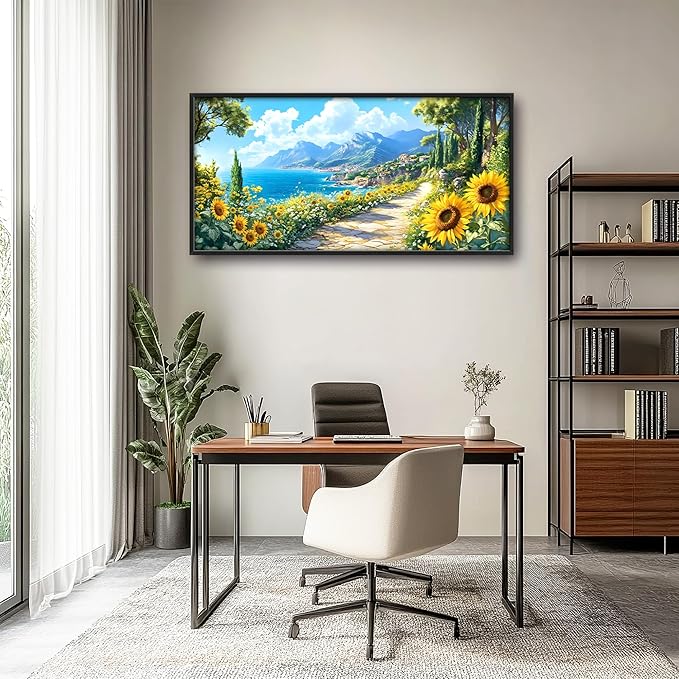 Coastal Sunflowers Large Wall Art Framed Wall Decor for Living Room Ocean Coast Pictures Oversized Canvas Print Painting Modern Extra Large Framed Artwork for Bedroom Office Home Decor 60"x30"
