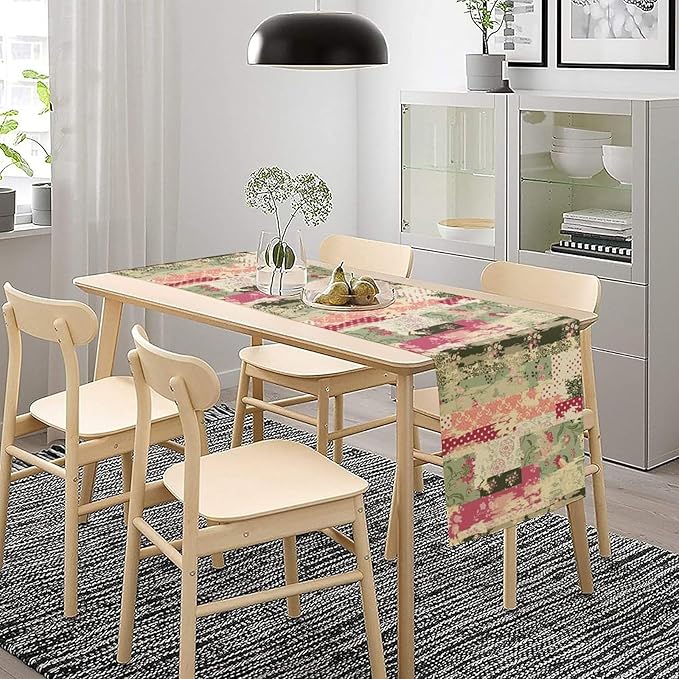 Patchwork Flower Table Runner,Abstract Colorful Floral Retro Style Hand Drawn Tablecloth Burlap for Hotel Indoors Outdoor Dining Room Kitchen Home Decor,W13X L90 in