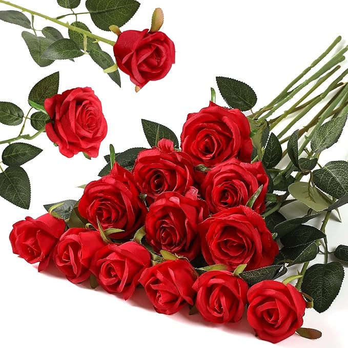 Hawesome 12PCS Artificial Silk Flowers Realistic Roses Bouquet Long Stem for Home Wedding Decoration Party A-Red -1