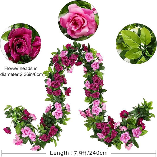 JUSTOYOU 2 Pack (15.8FT) Fake Rose Garland, Artificial Rose Vines Flowers Hanging Silk Rose Vine Wedding Home Backdrop Party Arch Arrangement Decoration