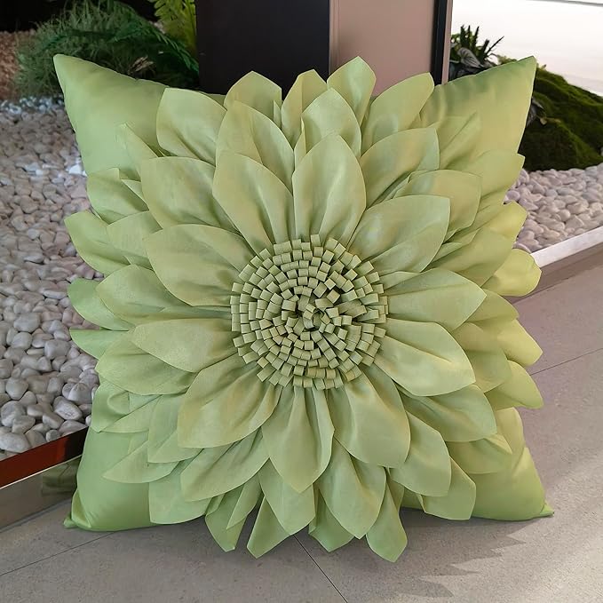 Bella's Giftshop 3D Sunflower Decorative Throw Pillow Covers for Bed Sofa Couch Car, Accent Floral Taffeta Cushion Cover, Handmade Pillow Cases Living Room Decor, 17x17 Inch-Green/Sage