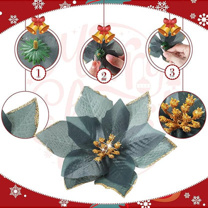 WILLBOND 24 Pcs 3 Size Poinsettia Flower Artificial Christmas Decor Glitter Poinsettia Christmas Ornaments Faux Flowers for Xmas Tree Outdoor(3.2/4/6 Inches,Black Green)