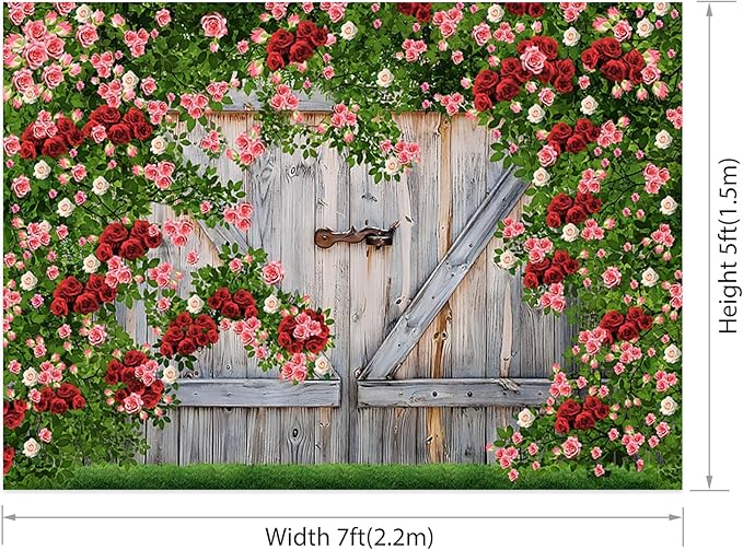 AOFOTO Barn Door Rose Backdrop Rustic Red Pink Beige Flowers Background Romantic Phtography Banner for Anniversary Wedding Decor Photo Studio Photobooth Props 7x5ft