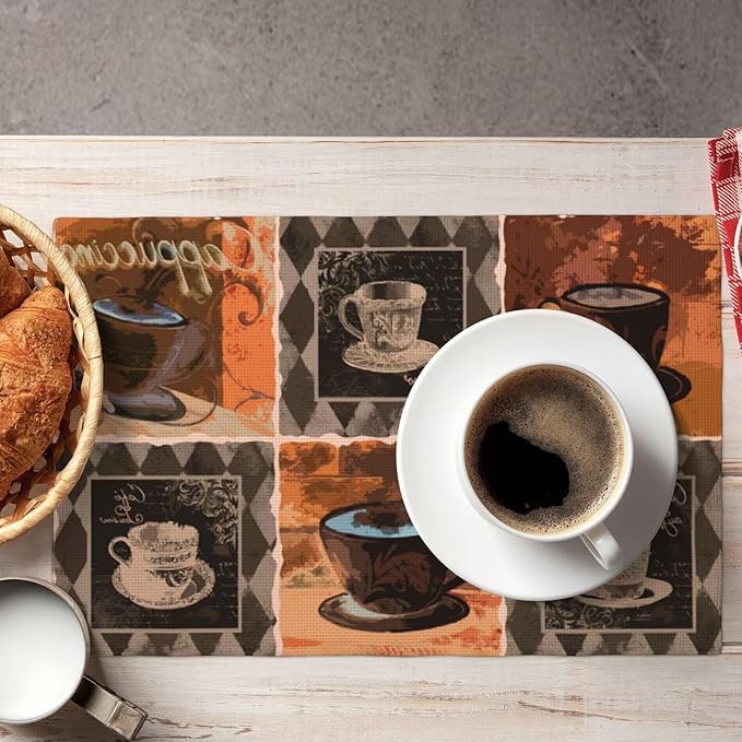Coffee Linen Table Placemats Set of 6 Vintage Modern Art Placemat Indoor Outdoor Party Home Desktop Kitchen Dining Room Decoration 12x18 Inch