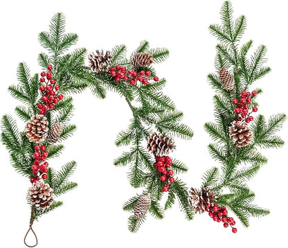 DearHouse 6FT Artificial Christmas Pine Garland with Red Berry Branch Pine Cone Winter Greenery Garland for Holiday Season Mantel Fireplace Table Runner Centerpiece Décor