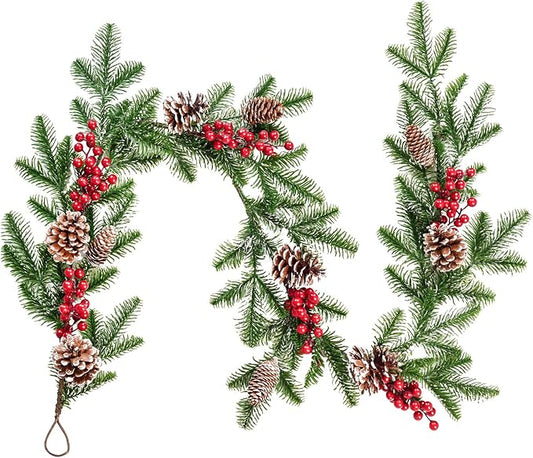 DearHouse 6FT Artificial Christmas Pine Garland with Red Berry Branch Pine Cone Winter Greenery Garland for Holiday Season Mantel Fireplace Table Runner Centerpiece Décor