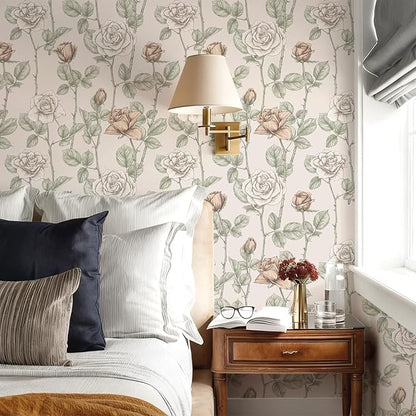 VaryStyle Vintage Beige Floral Wallpaper Elegant Rose Branches Flower Peel and Stick Wallpaper for Bedroom Bathroom 17.7"x118" Self Adhesive Waterproof Vinyl Beige Contact Paper for Cabinets Drawers