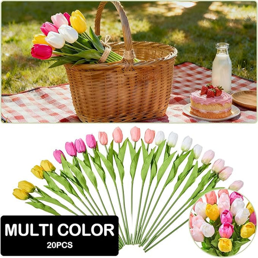 Artificial Flowers Mother's Day Easter Valentine's Day Gifts, Artificial Flowers Fake Tulips Flowers Home Kitchen Wedding Table Decorations a Bunch of 20 Multi Color Tulips
