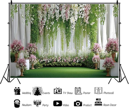 Baocicco Flowers Wedding Backdrops 15x10ft Green White Pink Floral Engagement Background Bridal Shower Backdrop Proposal Wedding Party Decoration Backdrop Valentines Day Banner Supplies