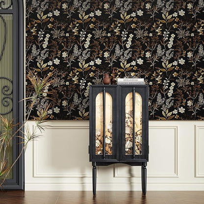 Vintage Wallpaper Peel and Stick Black Floral Wall Paper 17.4" x 118" Black Gold Contact Paper Self-Adhesive Wall Covering for Bedroom Desk Cabinet Decor