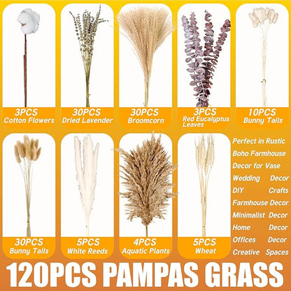 120Pcs Natural Dried Cotton Flower Bouquet - 17'' Boho Pampas Grass, Lavender, Cotton Stems, Bunny Tails, Eucalyptus & Wheat - Rustic Boho Farmhouse Decor for Vase, Wedding, DIY Crafts