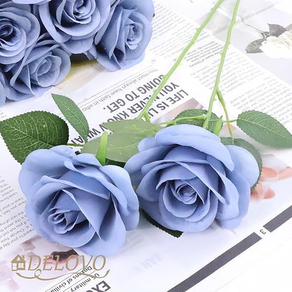 52pcs Dusty Blue Roses Artificial Flowers Fake Flowers Silk Roses with Stems for DIY Wedding Bouquets Bridal Shower Centerpieces Arrangements Party Decorations