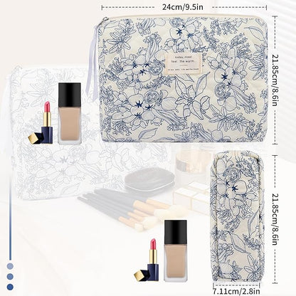 Floral Makeup Bag, Small Cosmetic Bag for Women Girls, Cute Cotton Makeup Bag, Quilted Makeup Bags, Flower Travel Toiletry Organizer Bag(Navy Blue)