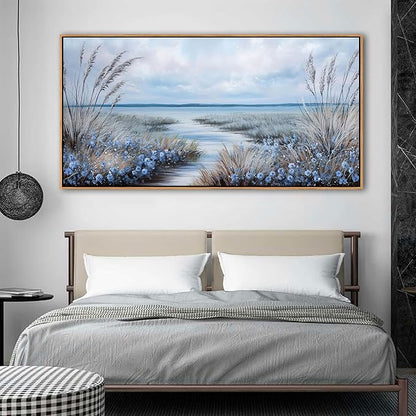 KLAKLA Beach Wall Art for Living Room 58x29 Inches Blue Ocean Wall Paintings Sea Wave Canvas Picture Artwork Modern Poster Bedroom Office Home Decor