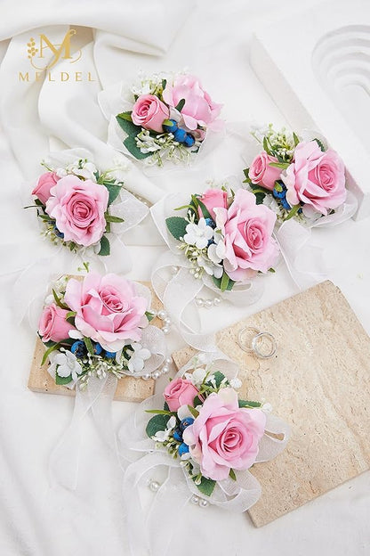 Meldel Pink Wrist Corsage for Wedding Bride Bridesmaids Bridal Shower, Set of 6, Corsages for Prom Suit Accessories, Mother of Bride and Groom, Wrist flower for Party Suit Decoration Ceremony