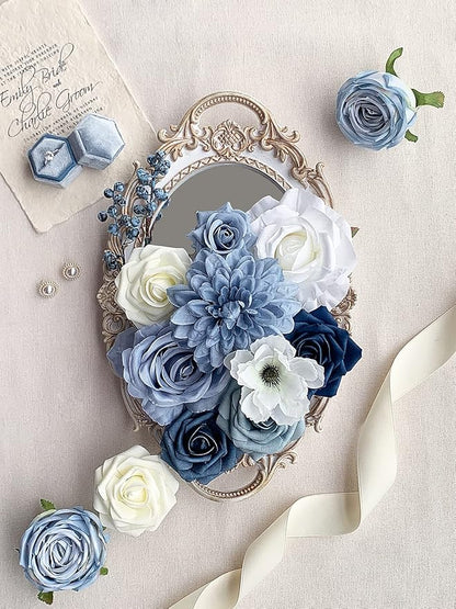 Roses Artificial Flowers Blue Bouquet Box Set Fake Flower for DIY Bridal Wedding Shower Centerpieces for Party Table Decorations Silk Floral Arrangements for Home Decor Indoor