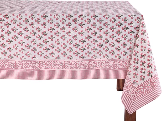 ATOSII Gulbahar White Pink 100% Cotton Fall Rectangle Tablecloth, Hand Block Print Washable Table Cover, Christmas Parties Buffet Dining, Weddings, Thanksgiving, Halloween, 60 X 90 Inches, 6 Seater
