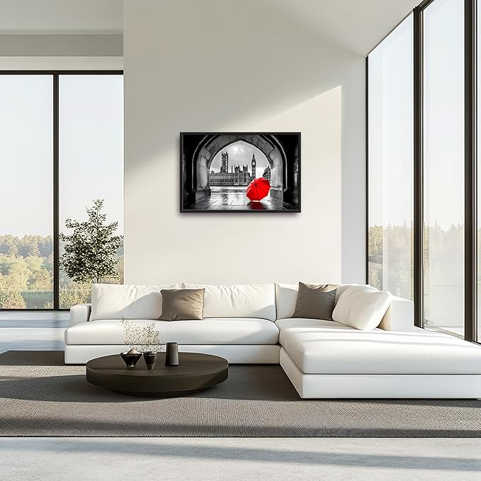 London City Large Wall Art Black and White Framed Red Wall Decor for Living Room, Big Ben Pictures Oversized Canvas Print Painting Modern Extra Large Framed Artwork for Bedroom Office 36"x24"