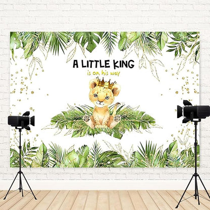 6x4ft Baby Shower Backdrop A Little King is On His Way Photography Background Lion Crown Jungle Forest Green Leaf Kid Birthday Party Banner Decorations Newborn Portrait Photo Booth Prop
