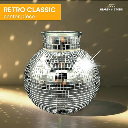 Disco Ball Planter | 7” Disco Ball Vase for Flowers & Plants | Handmade Silver Square Small Mirrors Center Piece | Disco Ball Plant Holder Silver
