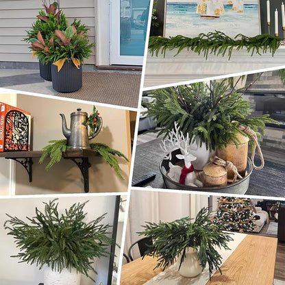 12 Pcs Christmas Norfolk Pine Branches Real Touch Norfolk Pine Stems Picks Faux Greenery Holiday Evergreen Stems for Vase DIY Crafts Garland Wreath Home Decor - 18" Long