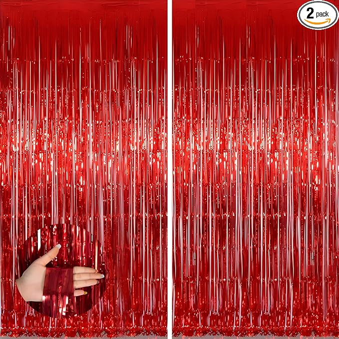 Keyali 2 Pack 3.3 * 8.3 ft Foil Curtain Metallic Tinsel Fringe Curtains Photo Booth Props Backdrop for Birthday Wedding Engagement Baby Shower Christmas Holiday Celebration Partyl,Red