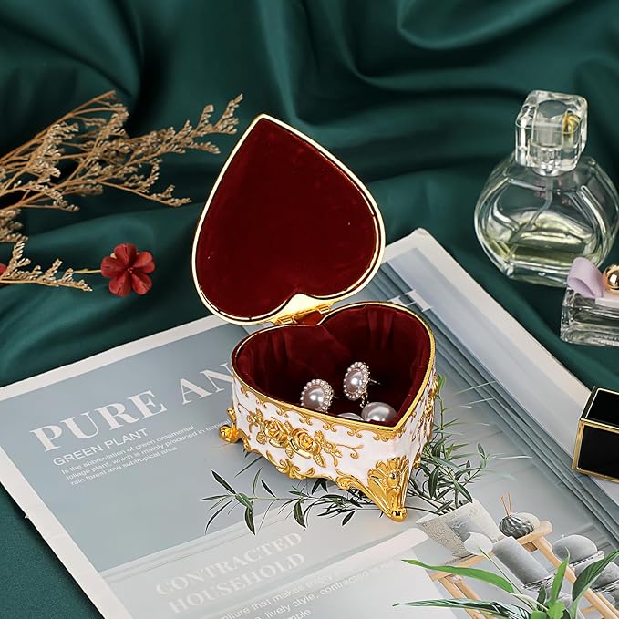Hipiwe Vintage Metal Jewelry Box - Heart Shape Trinket Organizer Ring Box Case with Rose Pattern Jewelry Storage Box for Ring Earrings Necklace, Gift for Women