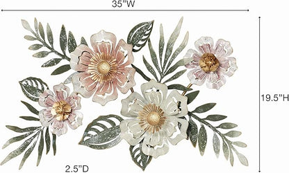 Floral Sway Wall Art Sculpture | Flower Blossoms | Bloom Metal Wall Art Decor | Hanging Wall Decor | Leaf | Pastel Pink Ivory Gold | Horizontal Vertical Nature | Handpainted | Dimensional Home Accent