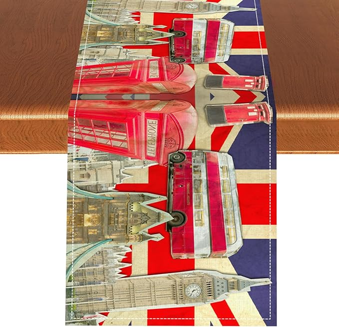British Table Runner, Seasonal Vintage Buildings England London Culture Element Coffee Table Center Decor for Home Kitchen Dining Patio Holiday Party Table Decorations 13x108 inches