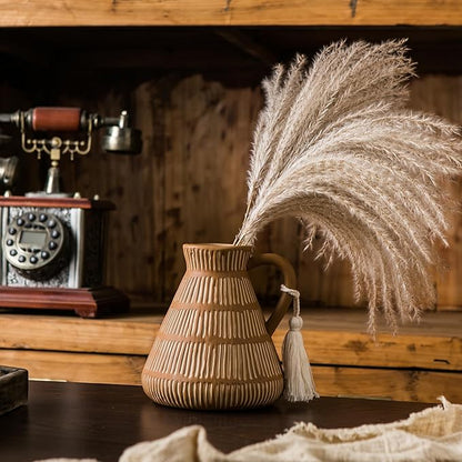 Rustic Farmhouse Vase with Handle and Tassel, Vertical Stripes Terracotta Pottery - Vintage Ceramic Clay for Home Décor, Shelf, Table, Bookshelf, Mantle, Entryway