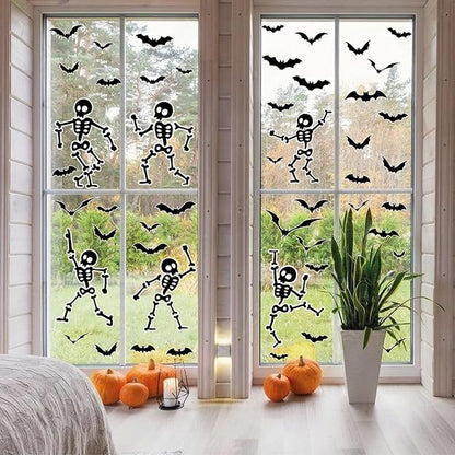 Halloween Wall Decals and Skeleton Window Clings - 6 Sheets 43 Pcs Removable Black Ghost Bat Wall Stickers for Mirrors, Windows, Home Bedroom Party Decor