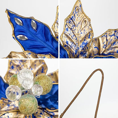Hollyone 3PCS Poinsettia Christmas Flowers Artificial 11" Large Blue and Gold Glitter Poinsettia Flowers Christmas Tree Ornaments Floral Picks for Tree Wreath Garland Vase Table Centerpiece Home Decor
