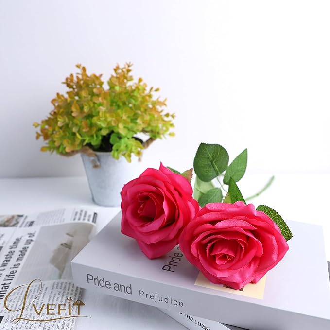 12pcs Artificial Rose Flower Hot Pink Rose Flower with Long Stem Silk Roses Bouquet for Wedding Bridal Shower Party Home Decoration