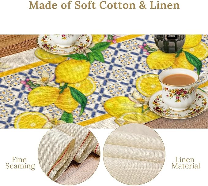 Lemon Table Runner ,Summer Blue Tiles Lemons Kitchen Dining Table Decoration Lemons Table Cover for Indoor Outdoor Home Party Decor, 13 x108 in