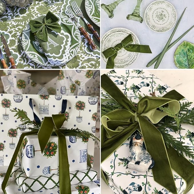 Olive Green Velvet Ribbon - 3/8 Inch x 10 Yards for Gift Wrapping, Crafts, Christmas Decor, Bow Making, Vintage Fabric