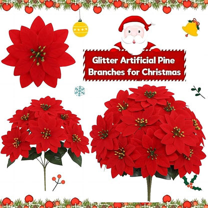 7 PCS Red Silk Poinsettia Flowers with 7 Heads - Artificial Christmas Floral Bouquet for Xmas Party, Winter Holiday Decor, Table Arrangements, Home & Seasonal Displays