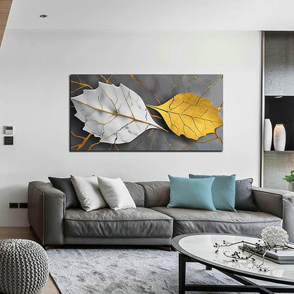 Large Canvas Wall Art for Living Room Bedroom Office Gold and White Leaves Picture Modern Canvas Prints Grey Abstract Framed Wall Decor Size 24x48