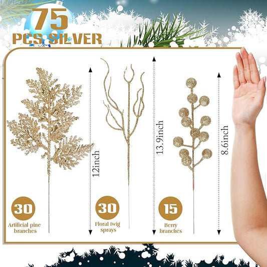 75 Pcs Christmas Glitter Branches 3 Styles Artificial Christmas Picks Berries Stems Pine Needles Floral Twig Spray for Xmas Tree Ornaments DIY Wreath Garland(Light Gold)