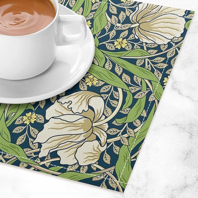 William Morris Flower Placemats Set of 6, Retro Boho Botanical Plant Place Mats, Heat Resistant Non Slip Cotton Linen Dining Table Mats for Home Kitchen Party 18x12 Inch
