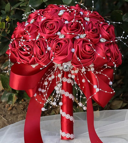 Bridal Wedding Bouquet Round Bling Brooch Bouquet Throw Toss Artificial Rose Flower Bunch for Bride Bridesmaid Wedding Quinceanera(Ruby Red, 6.3")